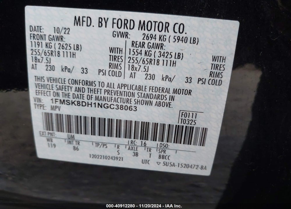 2022 FORD EXPLORER XLT VIN: 1FMSK8DH1NGC38063