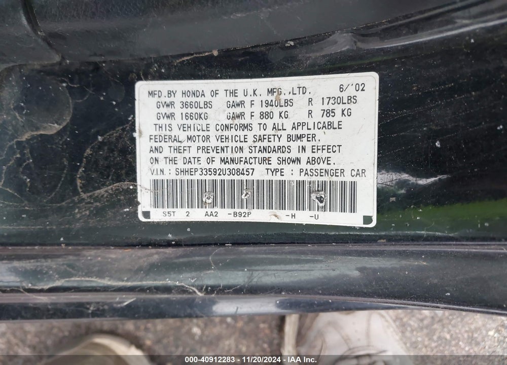 2002 HONDA CIVIC SI VIN: SHHEP33592U308457
