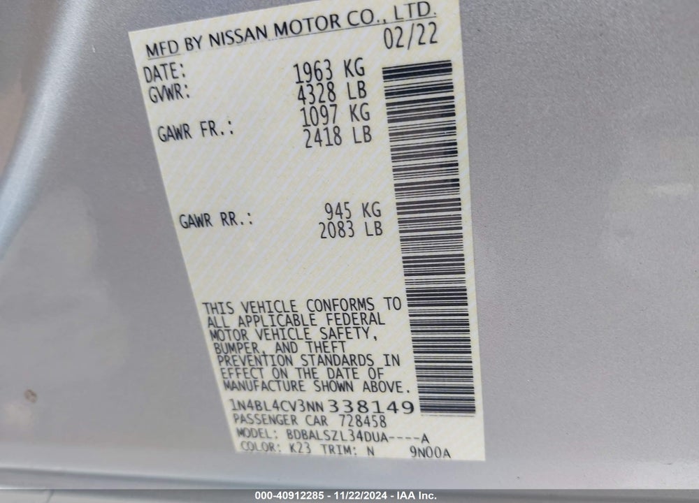 2022 NISSAN ALTIMA VIN: 1N4BL4CV3NN338149