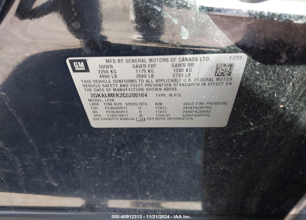 2012 GMC TERRAIN SLE-1 VIN: 2GKALMEK2C6200164
