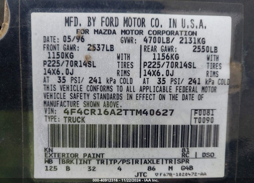 1996 MAZDA B2300 CAB PLUS VIN: 4F4CR16A2TTM40627