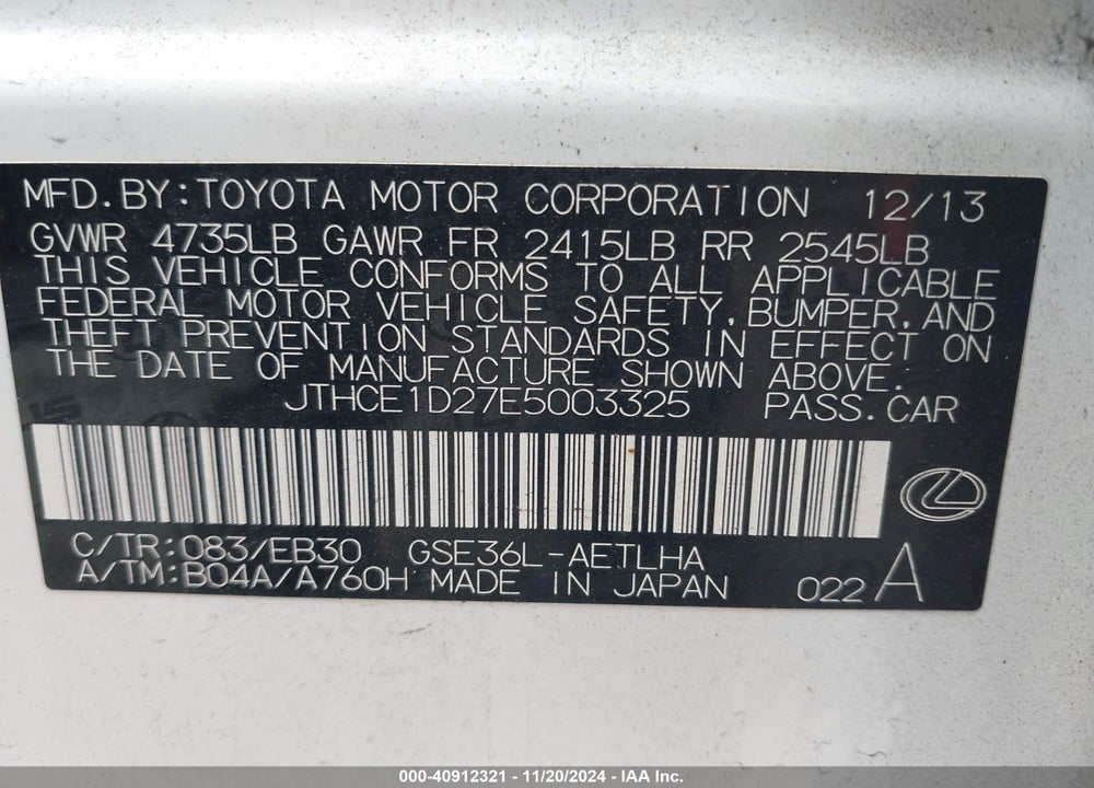 2014 LEXUS IS 350 VIN: JTHCE1D27E5003325