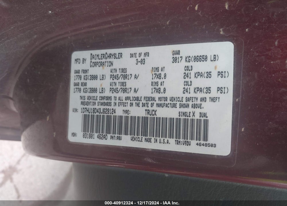 2003 DODGE RAM 1500 SLT/LARAMIE/ST VIN: 1D7HU18D43J629124