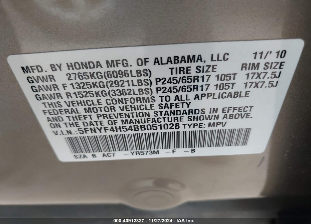 2011 HONDA PILOT EX-L VIN: 5FNYF4H54BB051028