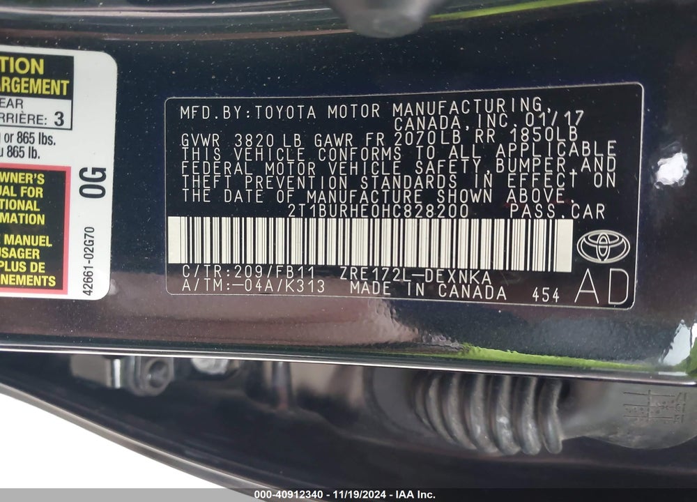 2017 TOYOTA COROLLA VIN: 2T1BURHE0HC828200