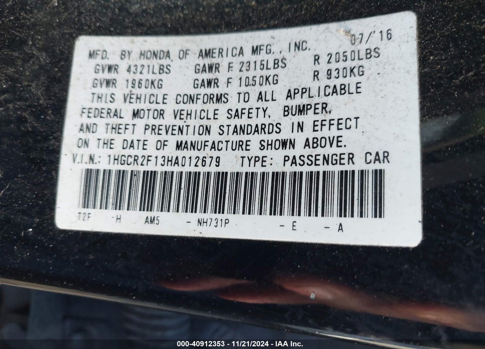 2017 HONDA ACCORD SPORT SE VIN: 1HGCR2F13HA012679