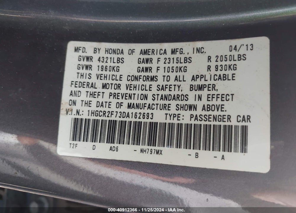 2013 HONDA ACCORD EX VIN: 1HGCR2F73DA162693