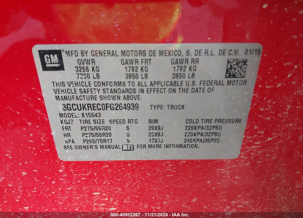 2015 CHEVROLET SILVERADO 1500 2LT VIN: 3GCUKREC0FG264939