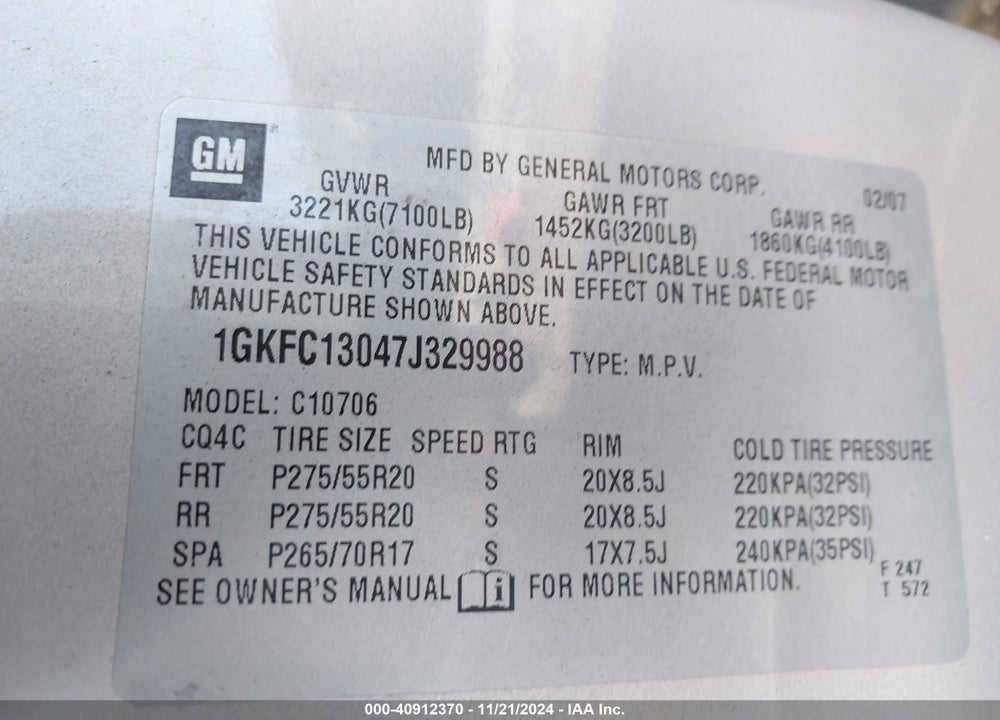 2007 GMC YUKON SLT VIN: 1GKFC13047J329988