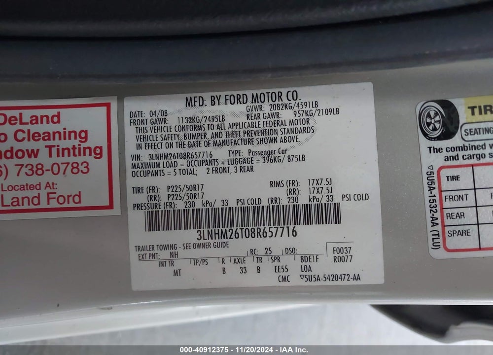 2008 LINCOLN MKZ VIN: 3LNHM26T08R657716