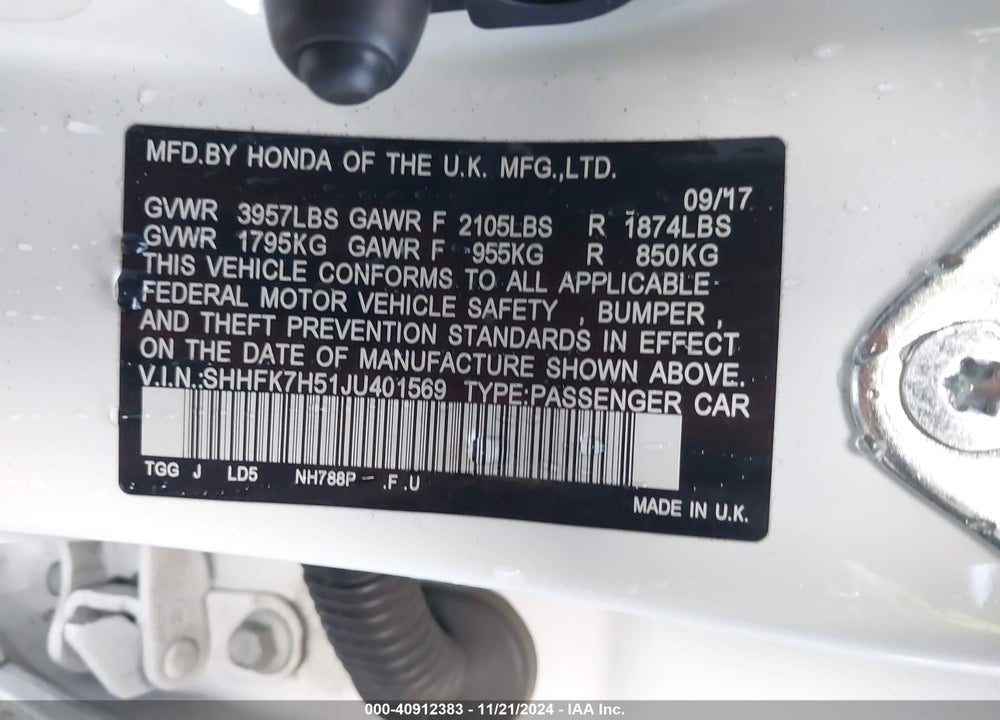 2018 HONDA CIVIC EX VIN: SHHFK7H51JU401569