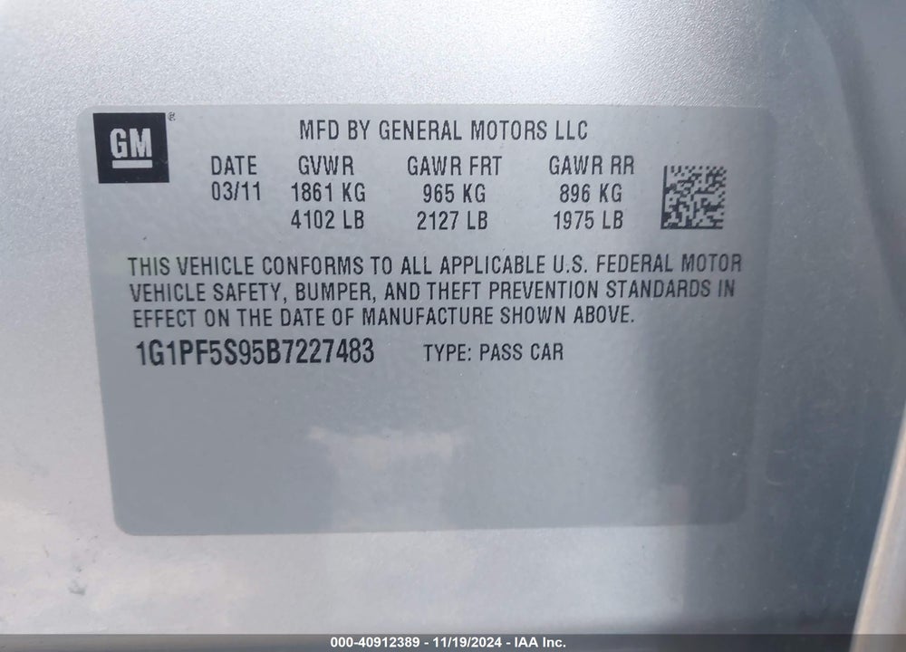 2011 CHEVROLET CRUZE 1LT VIN: 1G1PF5S95B7227483