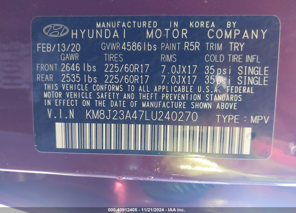 2020 HYUNDAI TUCSON SE VIN: KM8J23A47LU240270