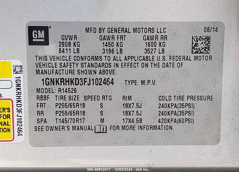 2015 CHEVROLET TRAVERSE 2LT VIN: 1GNKRHKD3FJ102464