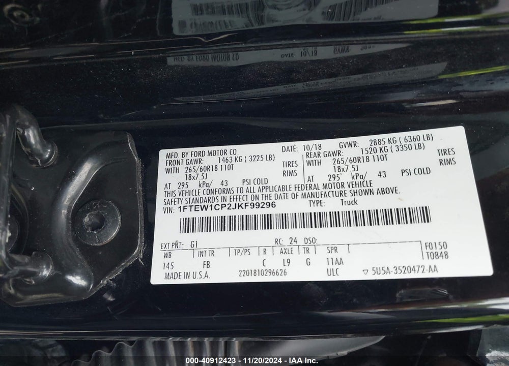 2018 FORD F-150 XLT VIN: 1FTEW1CP2JKF99296