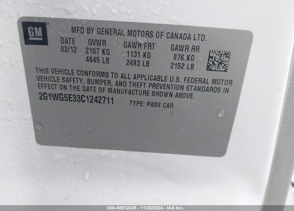 2012 CHEVROLET IMPALA LT VIN: 2G1WG5E33C1242711