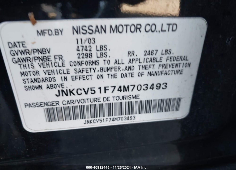 2004 INFINITI G35X VIN: JNKCV51F74M703493