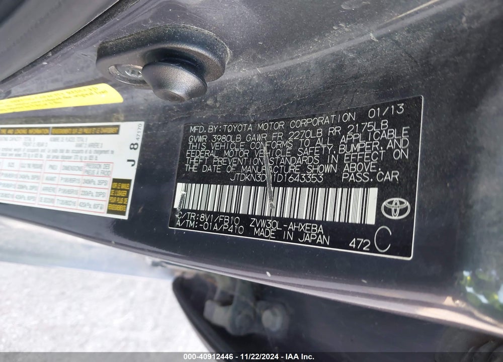 2013 TOYOTA PRIUS TWO VIN: JTDKN3DU1D1643353