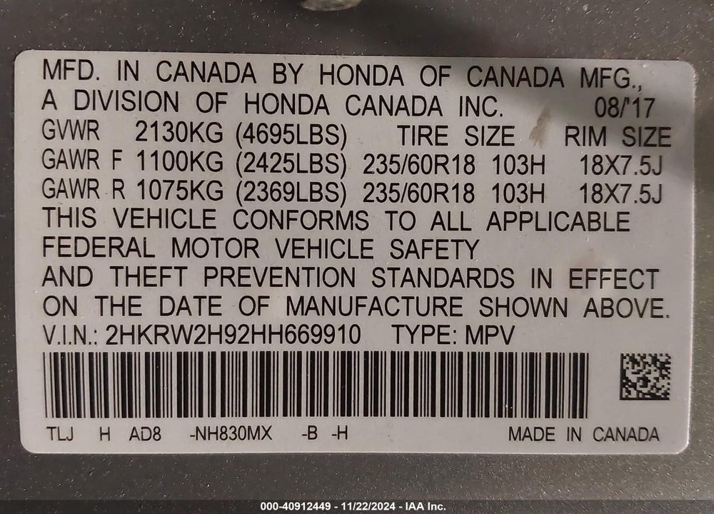2017 HONDA CR-V TOURING VIN: 2HKRW2H92HH669910