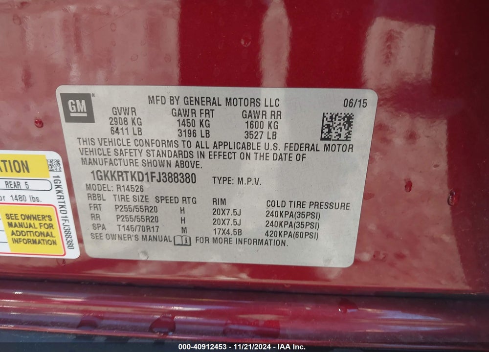 2015 GMC ACADIA DENALI VIN: 1GKKRTKD1FJ388380