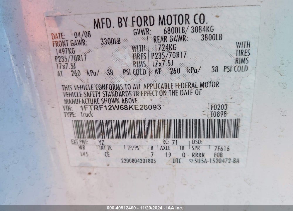 2008 FORD F-150 FX2/STX/XL/XLT VIN: 1FTRF12W68KE26093