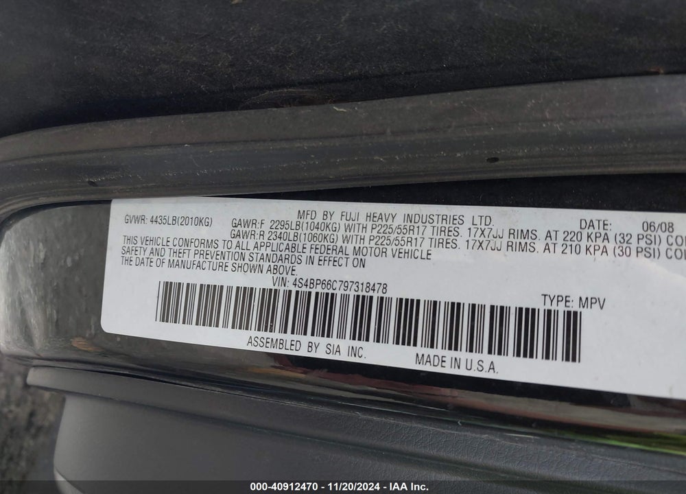 2009 SUBARU OUTBACK 2.5I LIMITED VIN: 4S4BP66C797318478
