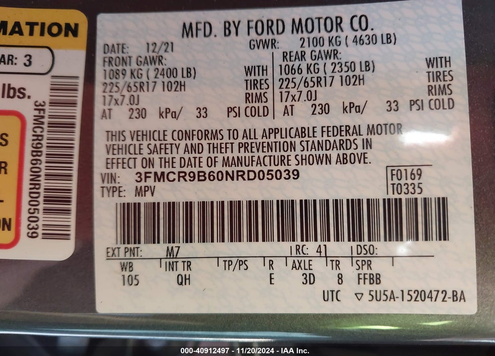 2022 FORD BRONCO SPORT BIG BEND VIN: 3FMCR9B60NRD05039