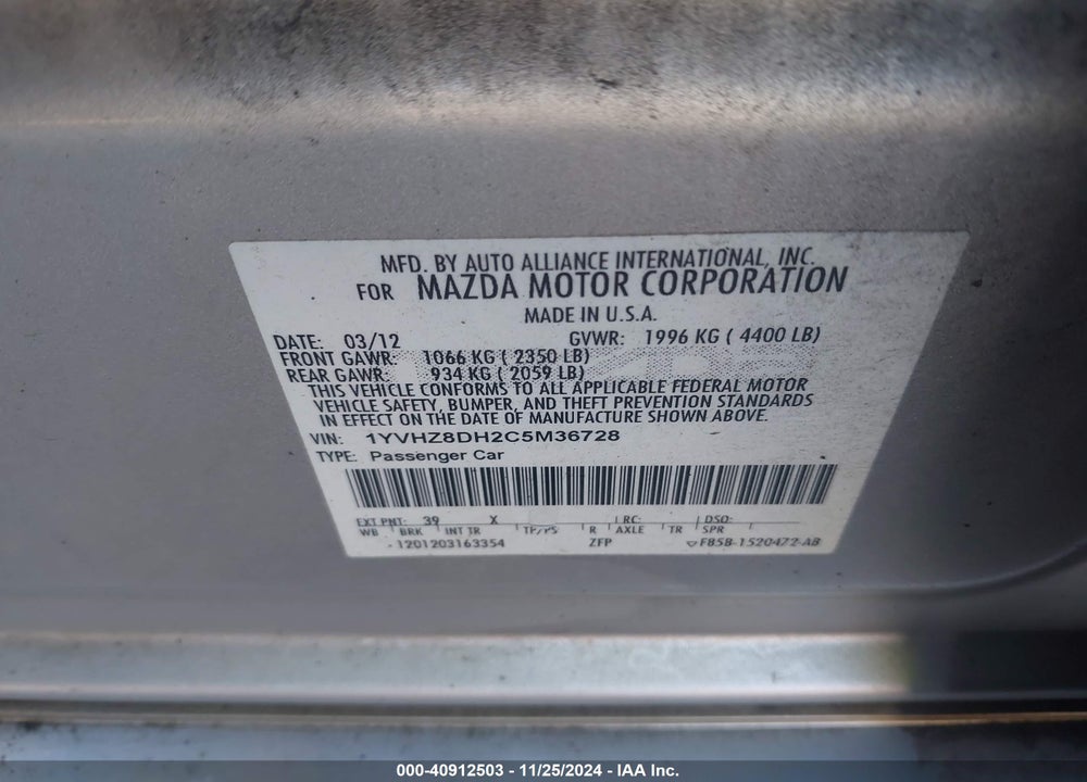 2012 MAZDA 6 I TOURING VIN: 1YVHZ8DH2C5M36728