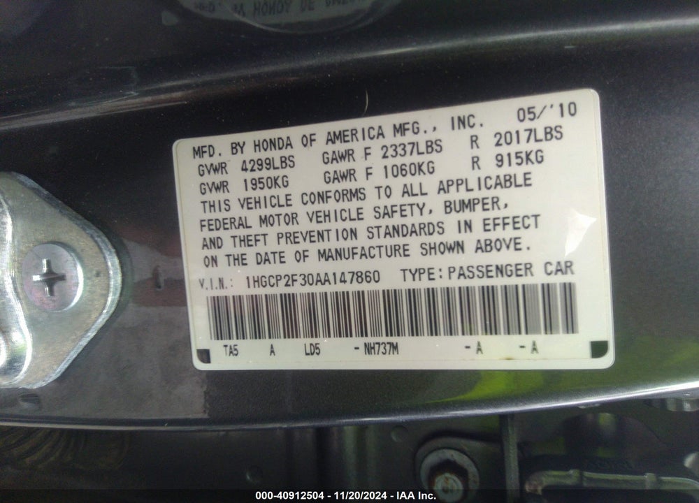 2010 HONDA ACCORD VIN: 1HGCP2F30AA147860