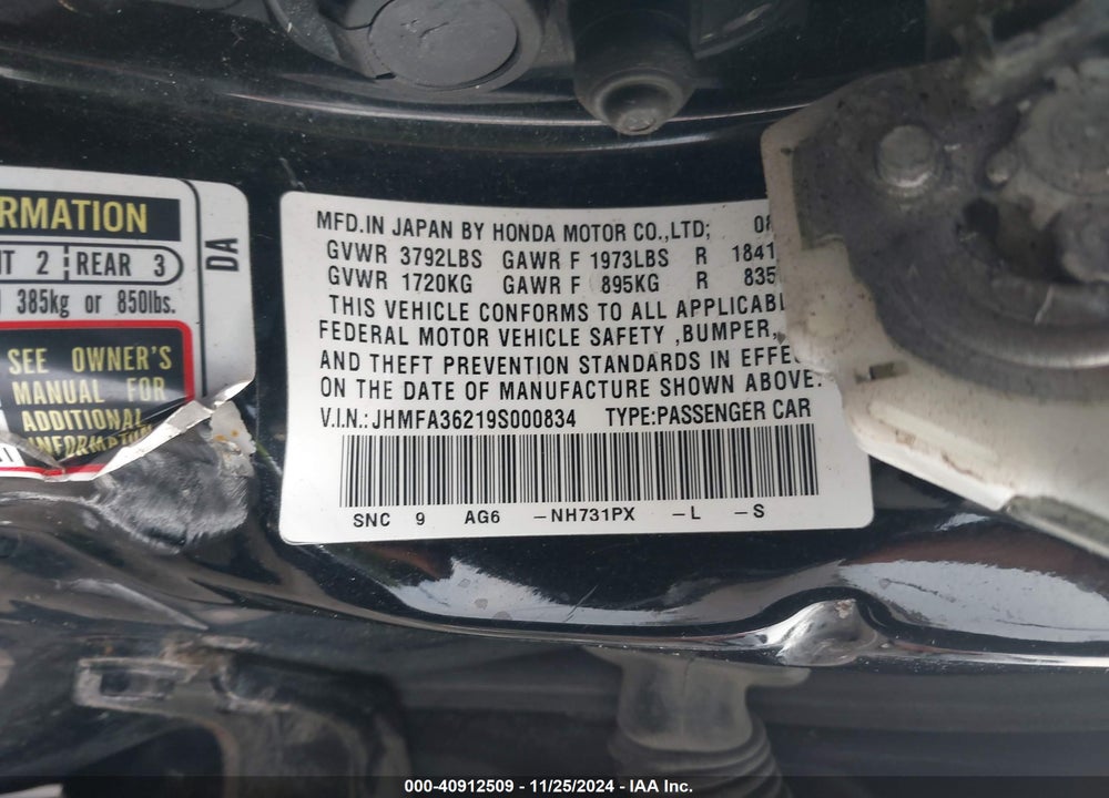 2009 HONDA CIVIC HYBRID VIN: JHMFA36219S000834