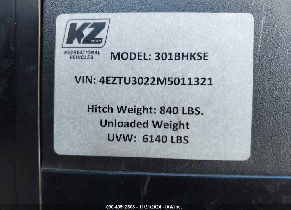 2021 K-Z INC TRAVEL TRAILER VIN: 4EZTU3022M5011321