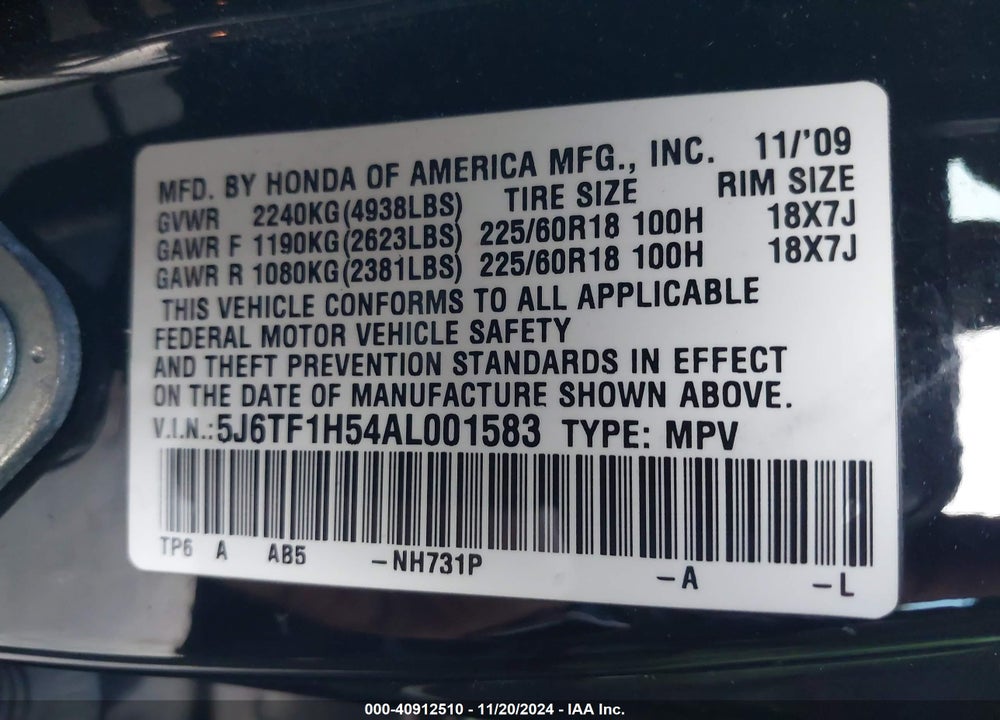 2010 HONDA ACCORD CROSSTOUR EX-L VIN: 5J6TF1H54AL001583