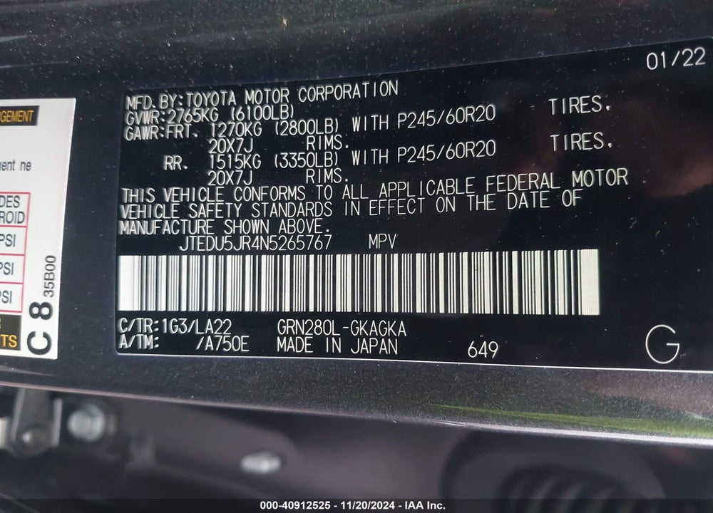 2022 TOYOTA 4RUNNER LIMITED VIN: JTEDU5JR4N5265767