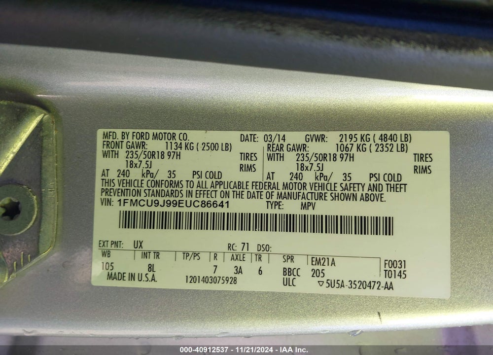 2014 FORD ESCAPE TITANIUM VIN: 1FMCU9J99EUC86641