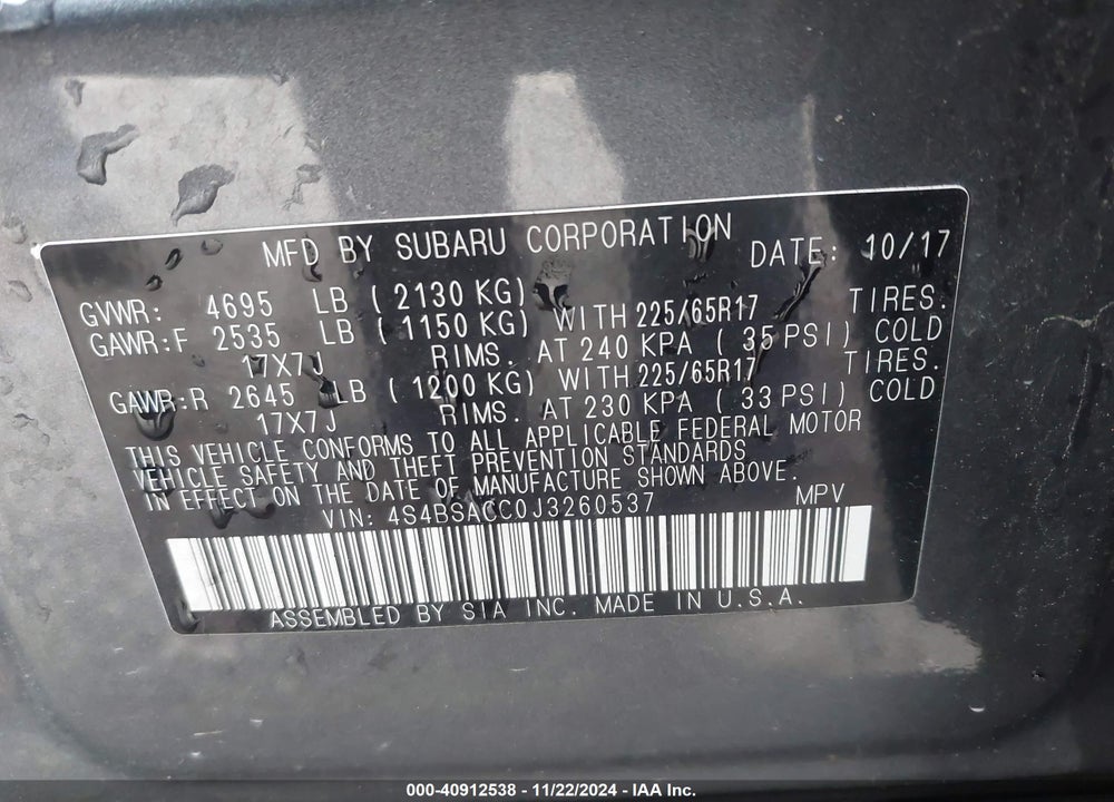 2018 SUBARU OUTBACK 2.5I PREMIUM VIN: 4S4BSACC0J3260537