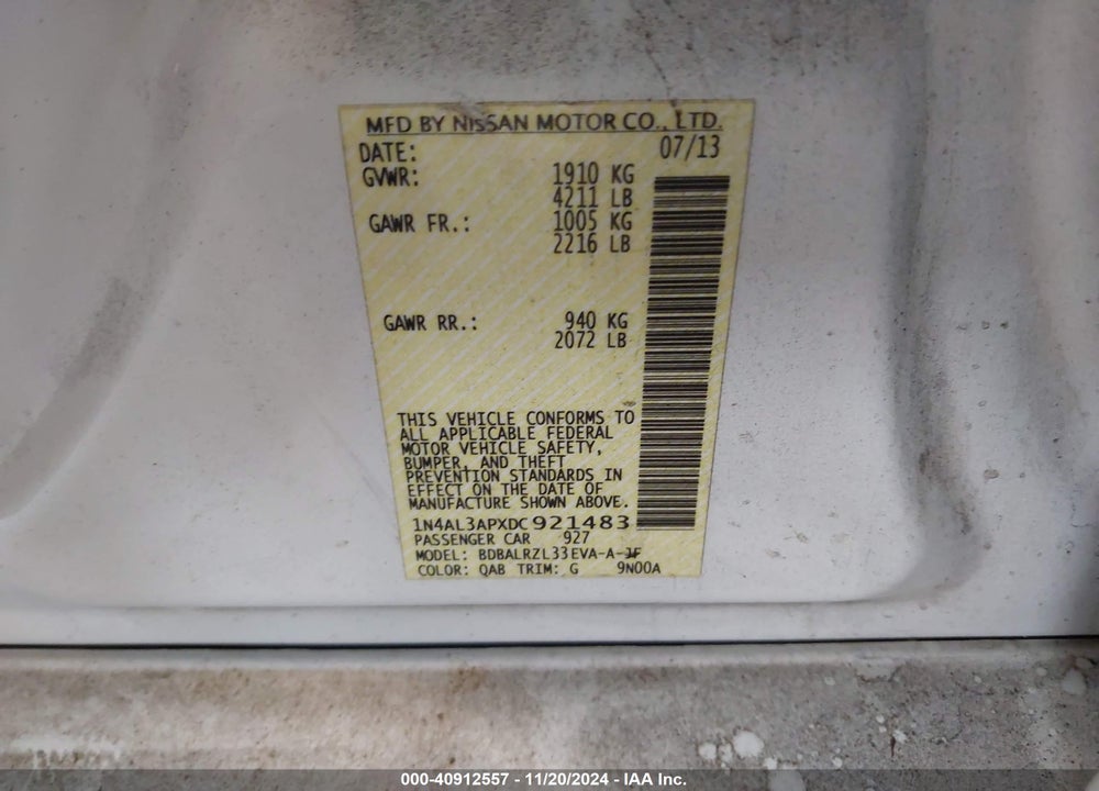 2013 NISSAN ALTIMA 2.5 S VIN: 1N4AL3APXDC921483