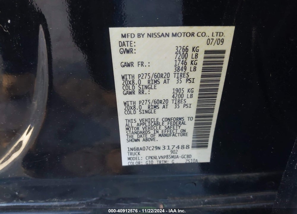2009 NISSAN TITAN VIN: 1N6BA07C29N317488
