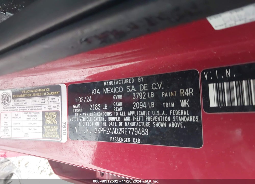 2024 KIA FORTE LXS VIN: 3KPF24AD2RE779483