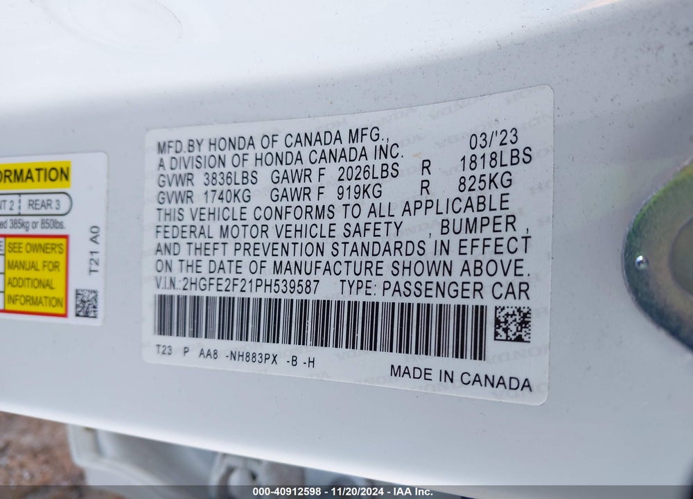 2023 HONDA CIVIC LX VIN: 2HGFE2F21PH539587