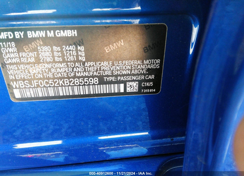 2019 BMW M5 COMPETITION VIN: WBSJF0C52KB285598