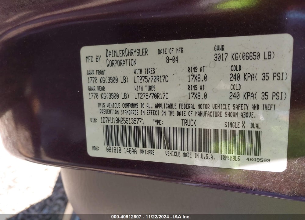 2005 DODGE RAM 1500 SLT/LARAMIE VIN: 1D7HU18N25S135771