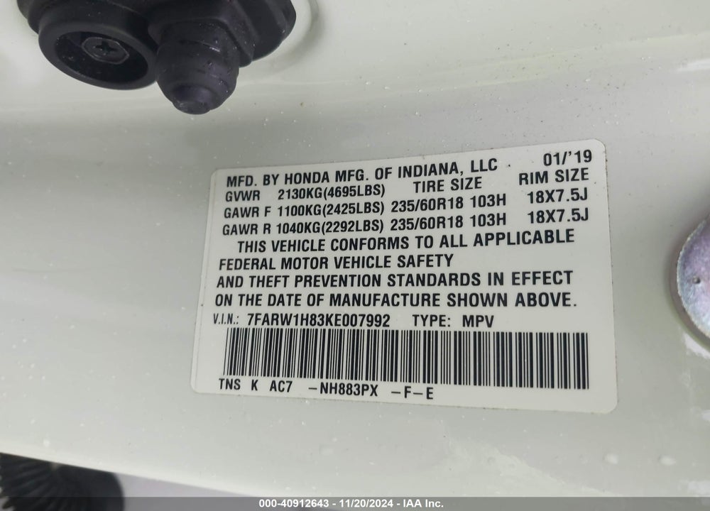 2019 HONDA CR-V EX-L VIN: 7FARW1H83KE007992