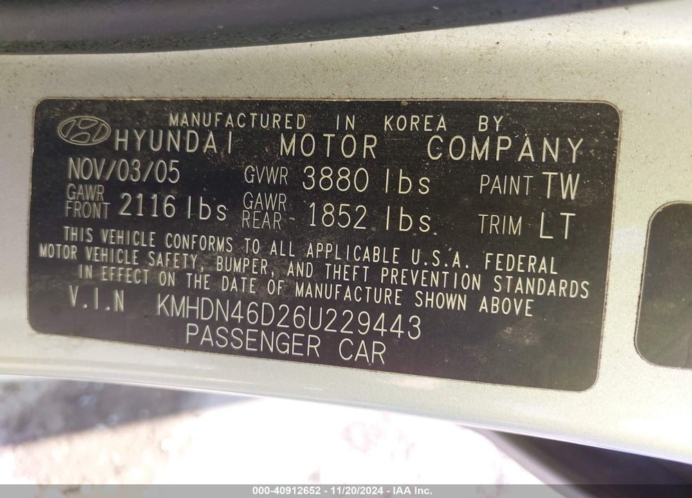 2006 HYUNDAI ELANTRA GLS/LIMITED VIN: KMHDN46D26U229443