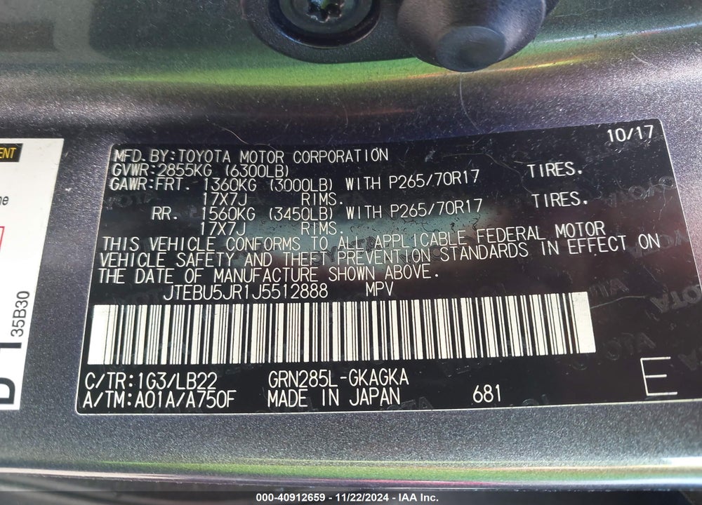 2018 TOYOTA 4RUNNER SR5 PREMIUM VIN: JTEBU5JR1J5512888