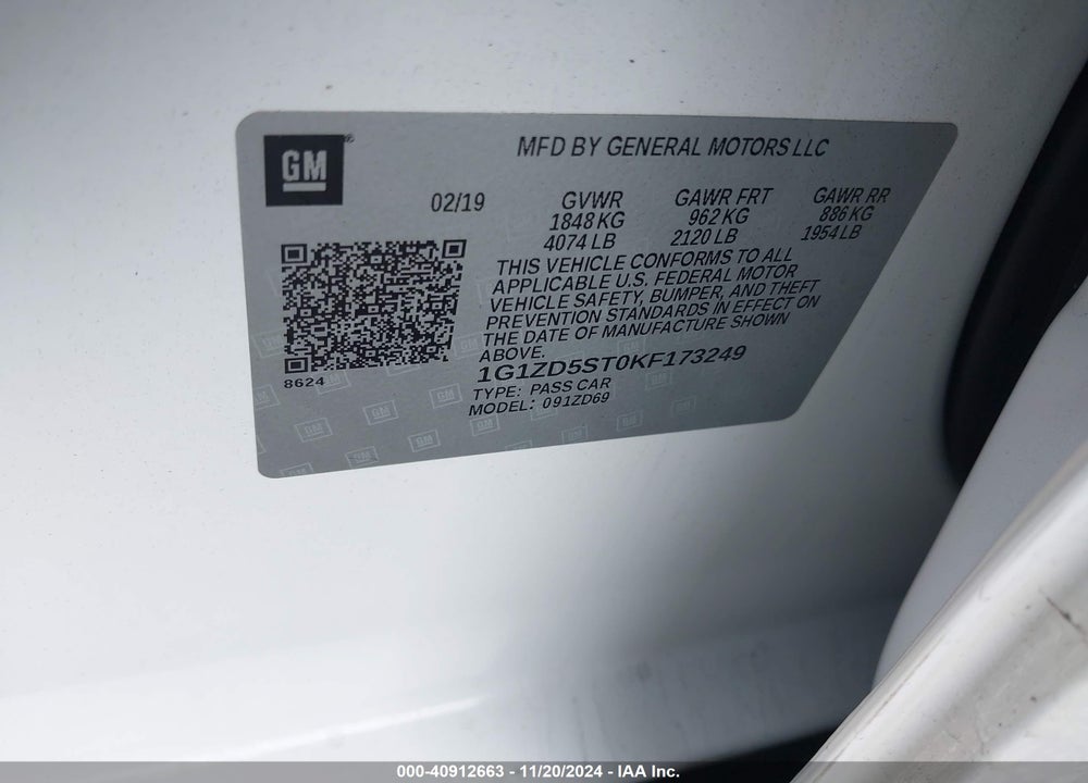 2019 CHEVROLET MALIBU LT VIN: 1G1ZD5ST0KF173249