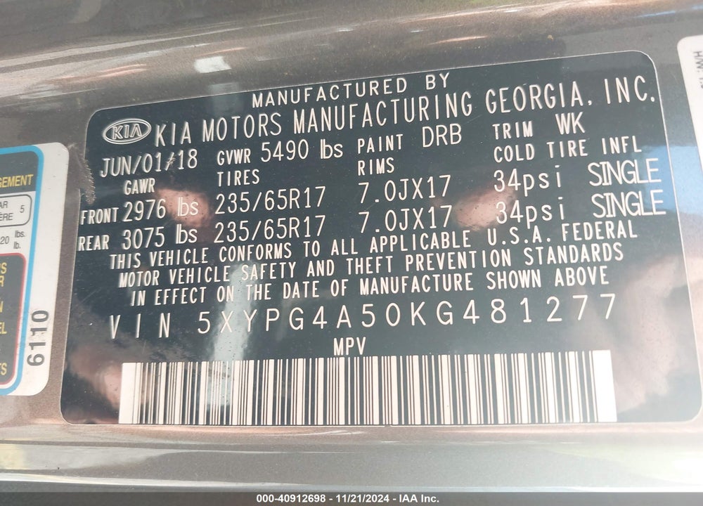 2019 KIA SORENTO 3.3L LX VIN: 5XYPG4A50KG481277