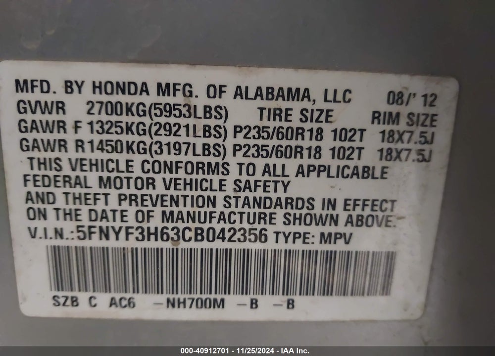 2012 HONDA PILOT EX-L VIN: 5FNYF3H63CB042356