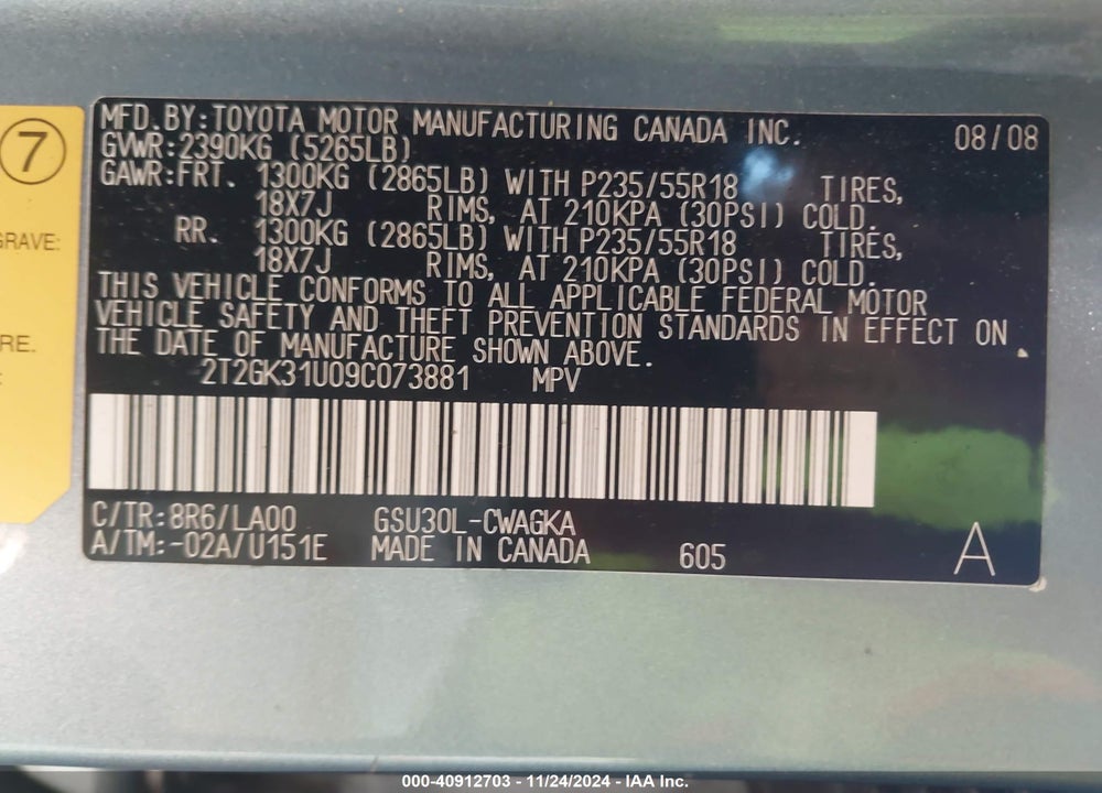 2009 LEXUS RX 350 VIN: 2T2GK31U09C073881