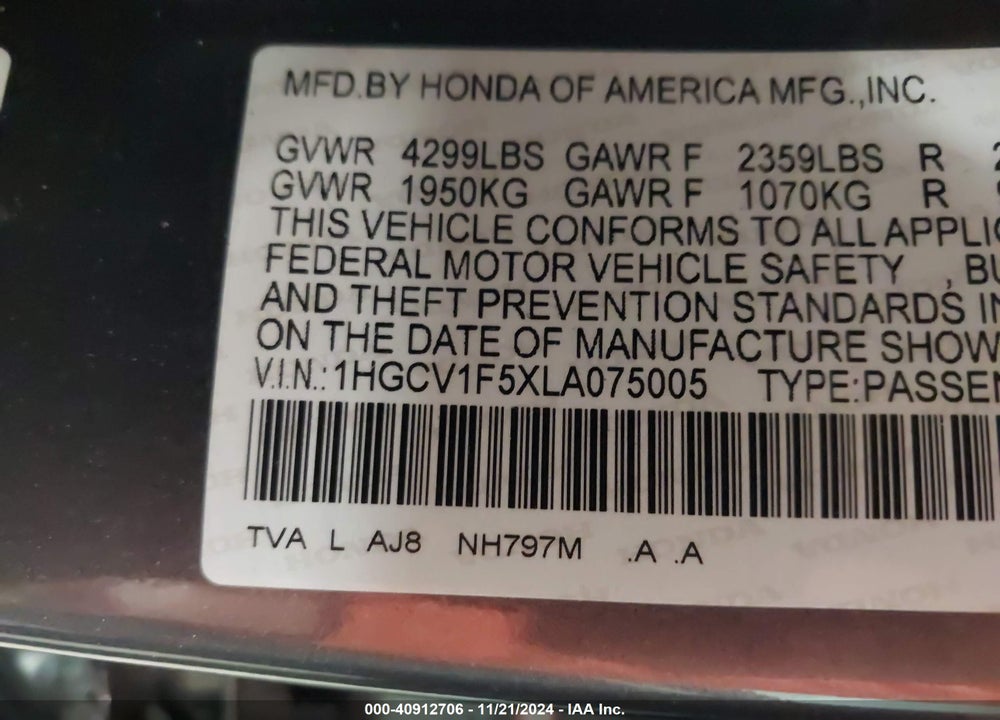2020 HONDA ACCORD EX-L VIN: 1HGCV1F5XLA075005