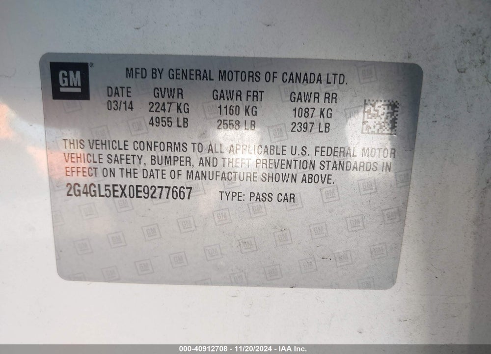 2014 BUICK REGAL TURBO VIN: 2G4GL5EX0E9277667
